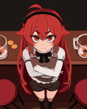 1girl armor bar_stool bow bowtie child coin commentary cowlick crossed_arms cup english_commentary eris_greyrat glass gold_coin highres kurokimoko leather_armor long_hair looking_at_viewer looking_up mushoku_tensei red_eyes red_hair shorts solo stool tagme