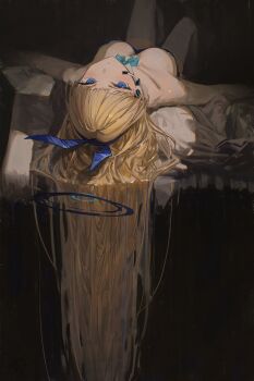 Rule 34 | 1girl, absurdres, animal ear hairband, animal ears, aqua bow, aqua bowtie, blonde hair, blue archive, blue eyes, blue hairband, blue halo, blue leotard, blush, bow, bowtie, breasts, closed mouth, fake animal ears, hair flowing over, hair focus, hairband, halo, headset, hidulume, highres, knees up, leotard, long hair, looking at viewer, lying, medium breasts, official alternate costume, on back, playboy bunny, rabbit ears, solo, strapless, strapless leotard, thighhighs, toki (blue archive), toki (bunny) (blue archive), very long hair, white thighhighs