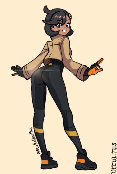 1girl ass black_hair bodysuit dark-skinned_female dark_skin emma_(pokemon) from_behind gloves jacket long_sleeves nintendo obakeoccultus pokemon pokemon_legends:_z-a purple_eyes short_hair teeth