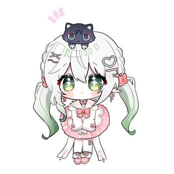 1girl 52601i alternate_costume alternate_hairstyle animal animal_on_head animalization asymmetrical_sidelocks black_cat blush bright_pupils cat cat_on_head colored_tips cross-shaped_pupils dress frilled_sleeves frilled_socks frills genshin_impact green_eyes green_hair hair_ornament hairclip half_crown_braid heart heart_hair_ornament long_sleeves looking_at_viewer low_twintails multicolored_hair nahida_(genshin_impact) notice_lines on_head open_mouth pink_dress pink_ribbon pink_shoes pink_trim pointy_ears ribbon ribbon_earrings sailor_collar scaramouche_(cat)_(genshin_impact) scaramouche_(genshin_impact) shoes sidelocks socks straight-on symbol-shaped_pupils tareme twintails white_background white_hair white_pupils white_sailor_collar white_sleeves white_socks x_hair_ornament