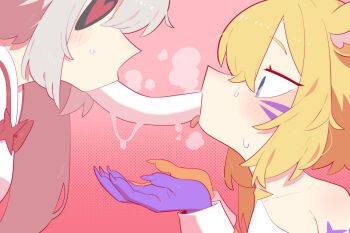 2girls absurdres animal_ear_fluff animal_ears animal_hands bare_shoulders blonde_hair clear_(djmax) cocomayo29_(tomato) commentary djmax djmax_respect eyepatch fail_(djmax) food food_in_mouth grey_hair heart highres korean_commentary multiple_girls simple_background sweatdrop tongue tongue_out