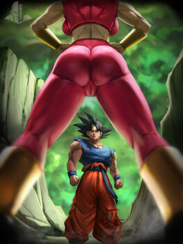 1boy 1girl absurdres ass backboob between_legs black_hair blue_sash blue_shirt blurry blurry_foreground breasts cameltoe closed_mouth commentary crop_top dragon_ball dragon_ball_super elite_nappa english_commentary from_behind from_below green_sky hand_on_own_hip head_out_of_frame highres kefla_(dragon_ball) large_breasts leggings looking_at_another lower_body orange_pants pants red_leggings rock sash serious shirt skin_tight sky son_goku spiked_hair standing torn_clothes tournament_of_power view_between_legs