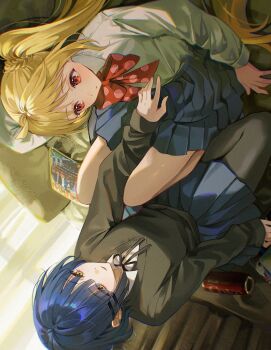 2girls ahoge black_cardigan black_pantyhose black_ribbon blonde_hair blue_hair blue_skirt bocchi_the_rock! bow bowtie cardigan closed_mouth highres ijichi_nijika long_hair long_sleeves looking_at_another mole mole_under_eye multiple_girls neck_ribbon open_mouth pantyhose pleated_skirt polka_dot polka_dot_bow polka_dot_bowtie pong_(pong_o0) red_bow red_bowtie red_eyes ribbon school_uniform shimokitazawa_high_school_uniform shirt short_hair side_ponytail sideways skirt white_shirt yamada_ryo