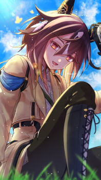 1girl absurdres animal_ears black_boots black_hair black_pants blue_sky boots brown_eyes brown_hair bug butterfly coat ear_covers grass hair_between_eyes highres horse_ears horse_girl insect knee_up long_hair looking_at_viewer multicolored_hair open_mouth outdoors pants ri_ri_0818 shirt sitting sky smile solo stay_gold_(umamusume) streaked_hair umamusume white_hair white_shirt yellow_coat