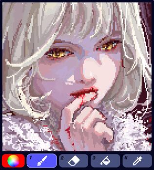 1girl art_program_in_frame blood blood_on_hands dungeon_meshi falin_touden falin_touden_(chimera) finger_in_own_mouth highres pale_skin pixel_art portrait roblox sabertoon_artt solo white_hair yellow_eyes