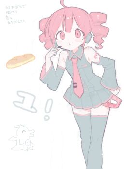 ahoge blush bread buttons detached_sleeves drill_hair food hand_on_own_hip headset kasane_teto long_sleeves necktie number_tattoo oimo_(14sainobba) open_mouth red_eyes red_hair red_necktie shoulder_belt simple_background tattoo thighhighs translation_request twin_drills utau white_background zettai_ryouiki