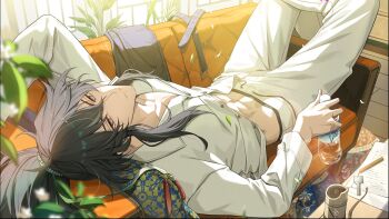 1boy alternate_costume belt black_hair bottle closed_mouth commentary_request couch green_ribbon grey_eyes hair_between_eyes hair_ribbon highres hinatsu holding holding_bottle indoors jacket key long_hair looking_at_viewer male_focus on_couch pants ponytail qiuyuan_(wuthering_waves) ribbon solo toned toned_male unworn_belt water_bottle white_jacket white_pants wuthering_waves