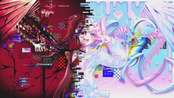 2girls ame-chan_(needy_girl_overdose) berryverrine black_hair blonde_hair blue_eyes chouzetsusaikawa_tenshi-chan chromatic_aberration commentary crack cracked_screen dripping dual_persona empty_eyes eyelashes glitch hand_up happy highres long_hair multiple_girls needy_girl_overdose open_mouth pleated_skirt sailor_collar skirt static upper_body v v_over_eye very_long_hair window_(computing)