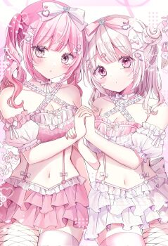 Rule 34 | 2girls, arm at side, armband, blush, bow, bra, breasts, chibana sora, choker, cleavage, closed mouth, commentary request, dot nose, fishnet pantyhose, fishnets, food print, frilled armband, frilled bra, frilled skirt, frills, hair bow, hair bun, hair ornament, hairclip, hand on another's arm, heart, heart-shaped gem, heart hair ornament, heart in eye, highres, ice cream print, interlocked fingers, long hair, looking at viewer, medium breasts, multiple girls, navel, neck ribbon, original, pantyhose, pink background, pink bra, pink eyes, pink hair, pink skirt, pink theme, ribbon, ribbon choker, sidelocks, single thighhigh, skirt, suspender skirt, suspenders, symbol in eye, thighhighs, too many hair ornaments, twintails, underwear, white background, white bra, white eyes, white hair, white ribbon, white skirt, wing hair ornament, yuri