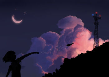 1girl absurdres black_sky chinese_commentary cloud commentary_request crescent_moon from_side highres moon night original paper_airplane radio_tower scenery short_hair silhouette sky solo sparkle star_(sky) upper_body yuki42
