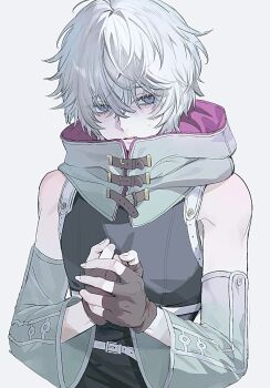 1boy bare_shoulders belt black_shirt commentary crossed_bangs detached_hood detached_sleeves fingerless_gloves gloves gnosia hair_between_eyes highres hood looking_at_viewer male_focus messy_hair nervous_sweating open_mouth own_hands_clasped own_hands_together purple_eyes remnan_(gnosia) rilmok shirt short_hair simple_background sleeveless solo sweat sweatdrop upper_body white_belt white_hair