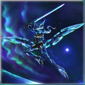 1girl absurdres aurora blue_eyes blue_hair colored_skin fantasy full_body helmet highres holding holding_sword holding_weapon joints long_hair looking_at_viewer low_wings me_ganchyo mechanical_wings original robot_girl robot_joints solo sword valkyrie weapon white_skin wings