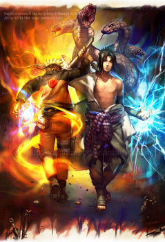 2boys artist_name black_hair blonde_hair chidori_(naruto) commentary copyright_request deviantart_username english_commentary full_body headband kevin_yan kunai male_focus multiple_boys naruto_(series) naruto_shippuuden off_shoulder purple_rope rasengan red_eyes rope short_hair shuriken snake watermark weapon