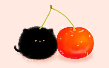 Rule 34 | animal, animal focus, black cat, cat, cherry, commentary, fat, food, food-themed creature, food focus, fruit, looking at viewer, no humans, no lineart, original, simple background, solo, sparkle, symbol-only commentary, tamagom5m5, yellow eyes