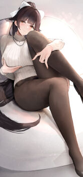 Rule 34 | 1girl, absurdres, azur lane, black shoes, blush, bow, breast lift, breasts, brown eyes, brown hair, brown nails, brown pantyhose, check commentary, chinese commentary, commentary request, feet out of frame, fingernails, grabbing own breast, hair bow, hair ribbon, highres, holding own leg, huge breasts, legs, long hair, long sleeves, looking at viewer, nail polish, necktie, paid reward available, pantyhose, ribbon, shoes, simple background, solo, suo bu ye feng, sweater, takao (azur lane), takao (inner cultivation) (azur lane), thighs, turtleneck, turtleneck sweater, very long hair, white background, white bow, white sweater, wide hips