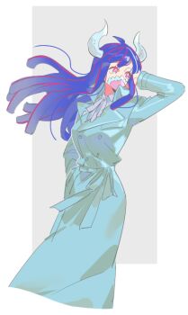 Rule 34 | 1girl, adjusting hair, alternate costume, blue coat, blue hair, coat, commentary, feet out of frame, floating hair, hand in pocket, hand up, horns, long hair, looking to the side, mask, mouth mask, one piece, pink eyes, raine (acke2445), shirt, sidelocks, solo, ulti (one piece), untranslatable commentary, white shirt