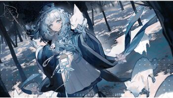 1girl animal animal_on_shoulder animated animated_gif baibaibaizai bare_tree beret blue_bow blue_eyes blue_hair blue_hanfu blue_hat blue_ribbon blunt_bangs bow braid chinese_clothes circlet closed_mouth commission cowboy_shot day dot_nose dutch_angle eyelashes floating_clothes flower flower_necklace forest fox front_ponytail fur-trimmed_headwear fur_trim grey_ribbon hair_flower hair_ornament hair_ribbon hanfu happy hat hat_bow holding holding_staff jewelry long_hair long_sleeves looking_at_viewer making-of nature necklace original outdoors petting ribbon ribbon_legwear sample_watermark single_braid smile snow solo staff standing thighhighs tree waist_ribbon watermark white_flower white_ribbon white_thighhighs wide_sleeves winter