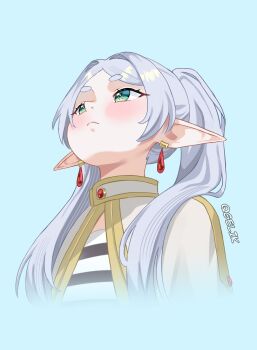 1girl artist_name blue_background blush earrings elf frieren gelik green_eyes grey_hair hashtag-only_commentary head_back highres jewelry kemono_friends meme pointy_ears simple_background solo twintails upper_body upward_angle_frieren_drawing_(meme)