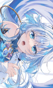 Rule 34 | 1girl, absurdres, blue eyes, blue hair, bright pupils, cerydra (honkai: star rail), commentary, floating hair, hand up, highres, honkai: star rail, honkai (series), long hair, looking at viewer, mahiru yura, open mouth, portrait, white pupils