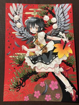 Rule 34 | 1girl, absurdres, black hair, black ribbon, black skirt, black wings, collared shirt, commentary request, dated, feathered wings, feathers, frilled skirt, frills, full body, geta, hand fan, hat, hauchiwa, highres, holding, holding fan, leaf print, looking at viewer, mosho, neck ribbon, open mouth, pointy ears, pom pom (clothes), puffy short sleeves, puffy sleeves, red background, red eyes, red hat, red shoes, ribbon, ribbon-trimmed skirt, ribbon trim, shameimaru aya, shirt, shoes, short hair, short sleeves, signature, skirt, socks, solo, tengu-geta, tokin hat, touhou, traditional media, tree, white ribbon, white shirt, white socks, wings