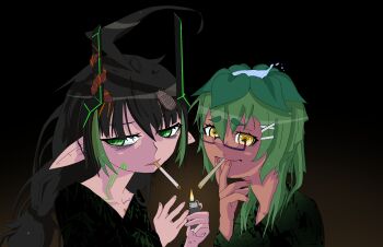 2025 2girls absurdres black_hair cigarette elfinpsyop green_eyes green_hair highres indie_virtual_youtuber joeychimney lighter multiple_girls nono_nozomi pointy_ears smoking yellow_eyes
