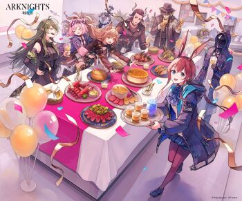 1other 2boys 4girls absurdres ambiguous_gender amiya_(arknights) animal_ears arknights balloon bottle cake cat_ears cat_girl ceobe_(arknights) coffee_maker cow_boy cow_ears cow_horns crab crocodilian_tail cup doctor_(arknights) dog_ears dog_girl domesticated_metal_crab_(arknights) dragon_boy drinking_glass fedora fondue food furry furry_male gavial_(arknights) gloves goldenglow_(arknights) green_hair hat highres holding holding_staff horns kettle lamb_chops lee_(arknights) matterhorn_(arknights) multiple_boys multiple_girls mythological_creature official_art originium_slug_(arknights) plate pointy_ears rabbit_ears rabbit_girl staff table taco tail wine_bottle wine_glass yellow_gloves