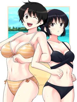 Rule 34 | 2girls, ;d, bikini, black bikini, black eyes, black hair, blue sky, border, breasts, cleavage, collarbone, commentary request, cowboy shot, kujou meika, large breasts, locked arms, looking at viewer, meika-san wa oshikorosenai, multiple girls, navel, ocean, oka miyako, one eye closed, open mouth, orange bikini, outside border, parted lips, saitou shouki, short hair, side-tie bikini bottom, sky, small breasts, smile, standing, stomach, striped bikini, striped clothes, swimsuit, teeth, upper teeth only, wet, white border
