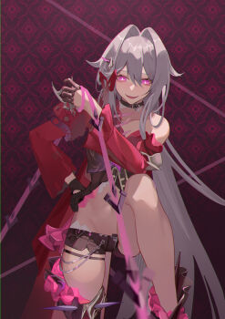 1girl absurdres anklet bare_shoulders belly black_choker black_gloves black_shorts blush bright_pupils choker comet-c evil_smile gloves hair_ornament hair_ribbon hand_on_own_hip highres holding holding_string honkai_(series) honkai_impact_3rd jacket jewelry leg_up long_hair long_sleeves looking_down pantyhose purple_eyes red_background red_jacket ribbon shorts simple_background single_bare_leg single_glove smile string thelema_nutriscu thelema_nutriscu_(mad_pleasure:_shadowbringer) very_long_hair white_hair white_pupils