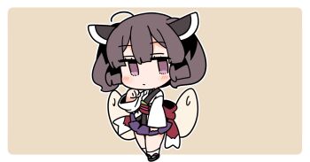 1girl ahoge black_sandals blush border brown_background brown_eyes brown_hair chibi chibi_only closed_mouth double-parted_bangs full_body hair_between_eyes headgear ini_(inunabe00) japanese_clothes kimono long_sleeves looking_at_viewer obi okobo outline outside_border platform_sandals purple_skirt red_sash sandals sash short_hair simple_background skirt socks solo standing touhoku_kiritan voiceroid white_border white_kimono white_outline white_socks wide_sleeves