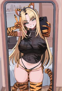 1girl animal_ear_hairband animal_ears animal_print bikini bikini_bottom_only blonde_hair blue_eyes cellphone cl_oor clenched_teeth crop_top elbow_gloves fake_animal_ears gloves hairband highres holding holding_phone hololive koganei_niko long_hair mirror mirror_selfie phone selfie side-tie_bikini_bottom smartphone solo swimsuit tail teeth thighhighs tiger_ears tiger_print tiger_tail v
