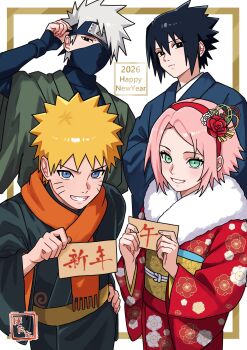 Rule 34 | 1girl, 2026, 3boys, alternate costume, black eyes, black hair, black kimono, blonde hair, blue eyes, blue kimono, closed mouth, commentary request, facial mark, floral print, floral print kimono, flower, forehead protector, green eyes, green kimono, grey hair, hair between eyes, hair flower, hair ornament, hairband, hand on own hip, happy new year, haruno sakura, hatake kakashi, highres, hotata 3, japanese clothes, kimono, konohagakure symbol, long sleeves, looking at viewer, mask, mouth mask, multiple boys, naruto (series), new year, obi, one eye covered, open mouth, orange scarf, pink hair, print kimono, red flower, red hairband, red kimono, red rose, rose, sash, scarf, short hair, spiked hair, team 7 (naruto), uchiha sasuke, uzumaki naruto, whisker markings, wide sleeves