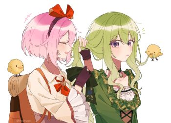 1girl atashi-tachi_no_happy_end_(project_sekai) baby_animal backpack bag bird bow chick choker closed_eyes commentary dress fingerless_gloves frilled_dress frills gloves green_bow green_hair green_ribbon hairband highres holding_another's_hair kusanagi_nene looking_at_another official_alternate_costume ootori_emu open_mouth pink_hair project_sekai purple_hair red_bow ribbon symbol-only_commentary the_coconutnut