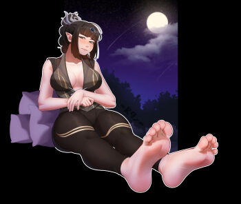1girl absurdres baldur&#039;s_gate barefoot black_hair blush dungeons_&amp;_dragons feet full_moon green_eyes highres long_hair looking_at_viewer moon night night_sky pointy_ears r9z shadowheart_(baldur&#039;s_gate) sky soles toes