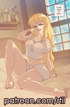 1girl ;o blanket blonde_hair blue_eyes blush breasts buttons frilled_shirt_collar frills half-closed_eyes highres katawa_shoujo large_breasts long_hair messy_hair navel on_bed one_eye_closed open_mouth pajama_shorts pajamas pillow rtil rubbing_eyes satou_lilly shirt sleepy smile solo thighs white_pajamas white_shirt yawning