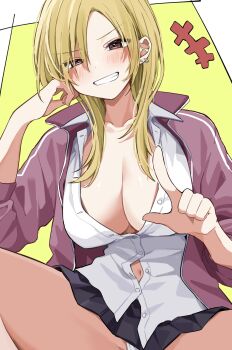 Rule 34 | +++, 1girl, akutsu riko, anmi ilust, black skirt, blonde hair, blush, breasts, brown eyes, cleavage, collared shirt, commentary request, delinquent, green background, grin, highres, index finger raised, jacket, kaette kudasai! akutsu-san, long hair, navel, open clothes, open jacket, panties, pantyshot, partially unbuttoned, pleated skirt, purple jacket, school uniform, shirt, skirt, smile, solo, underwear, white panties, white shirt