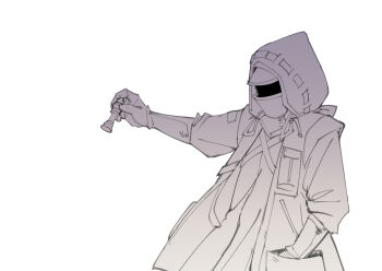 Rule 34 | 1boy, arknights, chess piece, doctor (arknights), highres, hood, hooded jacket, jacket, king (chess), lemon raimu, monochrome, simple background, solo, white background