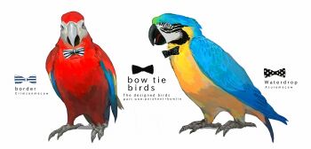 animal bird black_bow black_bowtie blue-and-yellow_macaw bow bowtie commentary_request english_text full_body macaw nagabe no_humans original parrot polka_dot polka_dot_bow polka_dot_bowtie scarlet_macaw simple_background striped_bow striped_bowtie striped_clothes white_background white_bow white_bowtie
