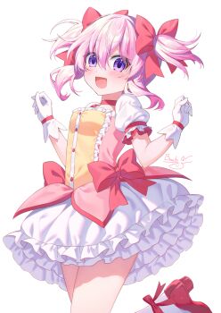 1girl ankle_bow ankle_ribbon binato_lulu blush bow breasts chest_jewel choker choujigen_game_neptune commentary cosplay dress frilled_skirt frills gem gloves hair_between_eyes hair_bow highres kaname_madoka kaname_madoka_(cosplay) kaname_madoka_(magical_girl) leg_ribbon looking_at_viewer magical_girl mahou_shoujo_madoka_magica mahou_shoujo_madoka_magica_(anime) neptune_(neptunia) neptune_(series) open_mouth pink_bow pink_choker pink_dress pink_gemstone pink_hair pink_shoes pump purple_eyes ribbon shoes signature simple_background skirt smile solo thighs twintails white_background white_gloves white_skirt