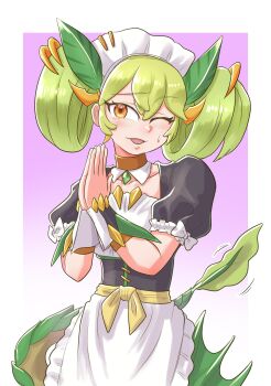 1girl absurdres apologizing black_dress dragon_girl dragon_tail dress duel_monster go_madare green_hair highres maid maid_headdress nervous_smile one_eye_closed own_hands_clasped own_hands_together parlor_dragonmaid smile solo standing sweat tail twintails yu-gi-oh!