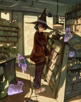 1girl artist_logo blue_pants book bookshelf bookstore brick_wall cat ceiling_light closed_eyes closed_mouth coat commentary day english_commentary ghost globe green_hair hat hat_ribbon headphones highres holding holding_headphones jar logo looking_to_the_side no_socks original pants plant potted_plant red_coat ribbon runes shoes shop simz skull slice_of_life sneakers sparkle standing sunlight tile_floor tiles vent_(object) vial white_shoes window witch_hat