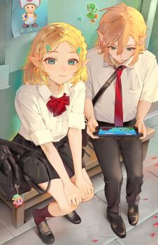1boy 1girl absurdres alternate_costume bag black_pants black_skirt blonde_hair blue_eyes blush bow bowtie braid character_doll closed_mouth collared_shirt commentary contemporary crown_braid doll elfe_art english_commentary green_eyes hair_between_eyes hair_ornament hairclip highres holding link medium_hair necktie nintendo nintendo_switch pants parted_bangs pleated_skirt pointy_ears princess_zelda red_bow red_bowtie red_necktie school_bag school_uniform shirt shoes short_hair short_sleeves sitting skirt smile socks the_legend_of_zelda the_legend_of_zelda:_tears_of_the_kingdom tongue tongue_out white_shirt