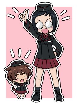 Rule 34 | 2girls, akaboshi koume, animal ears, barefoot, black hair, black hat, black jacket, black shoes, black socks, blush, brown hair, chibi, collared shirt, dog ears, dog tail, garrison cap, girls und panzer, glasses, hand on own hip, hat, jacket, katsuya megu, kuromorimine military uniform, miniskirt, multiple girls, open mouth, pink background, pleated skirt, pointing, pointing up, red shirt, red skirt, round eyewear, shirt, shoes, short hair, skirt, smile, socks, tail, takahashi kurage