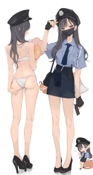 1girl ama_mitsuki ass back bag bare_legs bare_shoulders bikini black_eyes black_hair black_shoes black_skirt blue_shirt blush chibi chibi_inset female_service_cap fingerless_gloves gloves halloween_costume handbag hat high_heels highres jack-o&#039;-lantern kneepits long_hair looking_at_viewer mask mouth_mask necktie original peaked_cap pencil_skirt police police_hat police_uniform policewoman shirt shoes short_sleeves shoulder_bag shoulder_blades skirt solo standing swimsuit v white_bikini