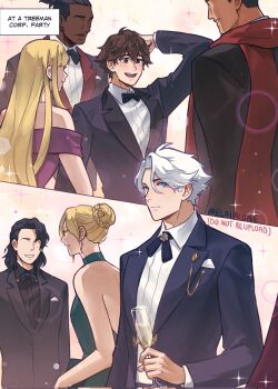 2girls 5boys arm_up black_eyes black_hair black_shirt black_suit blonde_hair blue_eyes bow bowtie brooch brown_hair character_request collared_shirt cup dark-skinned_male dark_skin dress drinking_glass elalalune english_text expressionless flustered formal_clothes green_dress grin hair_bun hair_over_shoulder hair_slicked_back halter_dress halterneck highres holding holding_cup jewelry lin_ling_(to_be_hero_x) long_hair medium_hair miss_j_(to_be_hero_x) multiple_boys multiple_girls necklace nice_(to_be_hero_x) no_eyes pearl_necklace purple_dress red_scarf scarf scratching_head shang_de_(to_be_hero_x) shirt short_hair single_sidelock smile sparkle split_screen suit talking to_be_hero to_be_hero_x very_long_hair white_hair white_shirt wine_glass wreck_(to_be_hero_x) xiao_yueqing