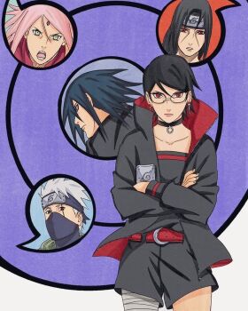 2girls 3boys bandaged_leg bandages belt black_choker black_eyes black_hair black_headband black_jacket black_romper boruto:_two_blue_vortex brentonsart choker commentary crossed_arms earrings english_commentary facial_mark forehead_mark forehead_protector glasses green_eyes haruno_sakura hatake_kakashi headband heterochromia highres jacket jewelry konohagakure_symbol mangekyou_sharingan mask mouth_mask multiple_boys multiple_girls naruto_(series) open_mouth pink_hair red_belt red_eyes rinnegan romper scar scar_across_eye scar_on_face serious sharingan short_hair uchiha_itachi uchiha_sarada uchiha_sasuke uchiha_symbol white_hair