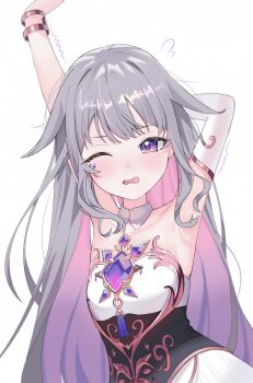 1girl absurdres arm_behind_head armpits arms_up bare_shoulders blush bracelet castellayaki chest_jewel collarbone colored_inner_hair commentary detached_collar dress elbow_gloves english_commentary flat_chest flying_sweatdrops furrowed_brow gem gloves gradient_hair grey_hair hair_flaps highres hololive hololive_english jewel_under_eye jewelry koseki_bijou koseki_bijou_(1st_costume) long_hair looking_at_viewer multicolored_hair multiple_bracelets one_eye_closed open_mouth petite pink_hair purple_eyes purple_gemstone purple_hair simple_background single_glove solo strapless strapless_dress stretching tassel trembling underbust upper_body virtual_youtuber white_background white_dress white_gloves wing_collar