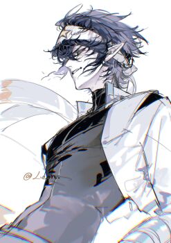 1boy absurdres aotu_world artist_name attack775 bandana bishounen black_hair black_shirt chinese_commentary hair_between_eyes headband highres jacket long_sleeves looking_at_viewer male_focus open_clothes open_jacket parted_lips pointy_ears print_headband purple_eyes ray_(aotu_world) shirt short_hair simple_background smile solo star_(symbol) star_print teeth turtleneck twitter_username upper_body white_background white_headband white_jacket