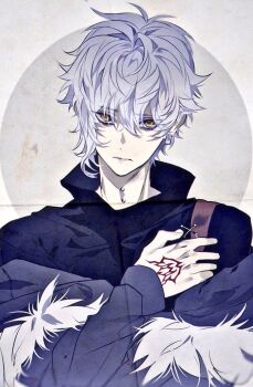 1boy command_spell ear_piercing fate/grand_order fate_(series) fur_trim hand_on_own_chest jacket kaa kadoc_zemlupus male_focus neck_piercing piercing solo upper_body white_hair yellow_eyes