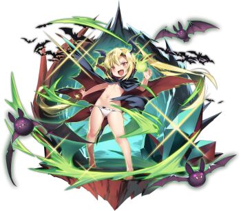 1girl artist_request aura barefoot bat_(animal) bat_ornament bat_wings black_cloak blonde_hair blush casting_spell cave cave_interior cloak commentary_request crystal fang feet flat_chest full_body hair_between_eyes hand_up head_wings long_hair looking_at_viewer magic mon-musu_quest! monster_musume_td navel nearly_naked_cloak open_mouth panties red_cloak red_eyes side-tie_panties slit_pupils smile solo sparkle standing third-party_source toes torn_cloak torn_clothes transparent_background twintails two-sided_cloak two-sided_fabric underwear v-shaped_eyebrows vampire vanilla_(mon-musu_quest!) very_long_hair white_panties wings