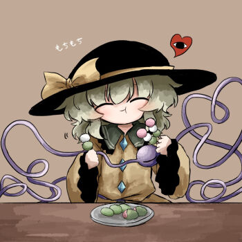 1girl black_hat brown_background closed_eyes closed_mouth collared_shirt dango food green_hair hat hat_ribbon heart heripantomorrow komeiji_koishi long_sleeves ribbon shirt short_hair smile solo third_eye touhou wagashi yellow_ribbon yellow_shirt